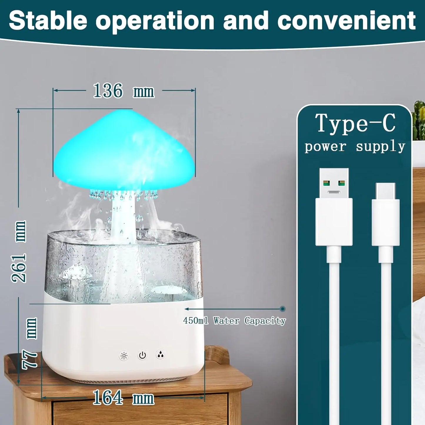 Cloud Humidifiers Water Drip Mushroom Humidifiers with Remote 7Color Control Mood Light Air Humidifier Raindrop Humidifiers